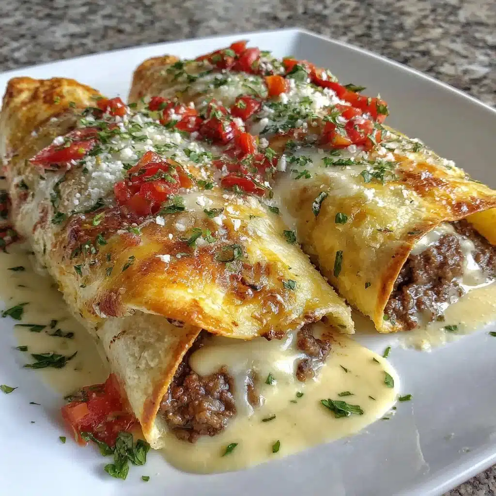 Delicious ground beef enchiladas topped with cheese and sauce, ready to serve.