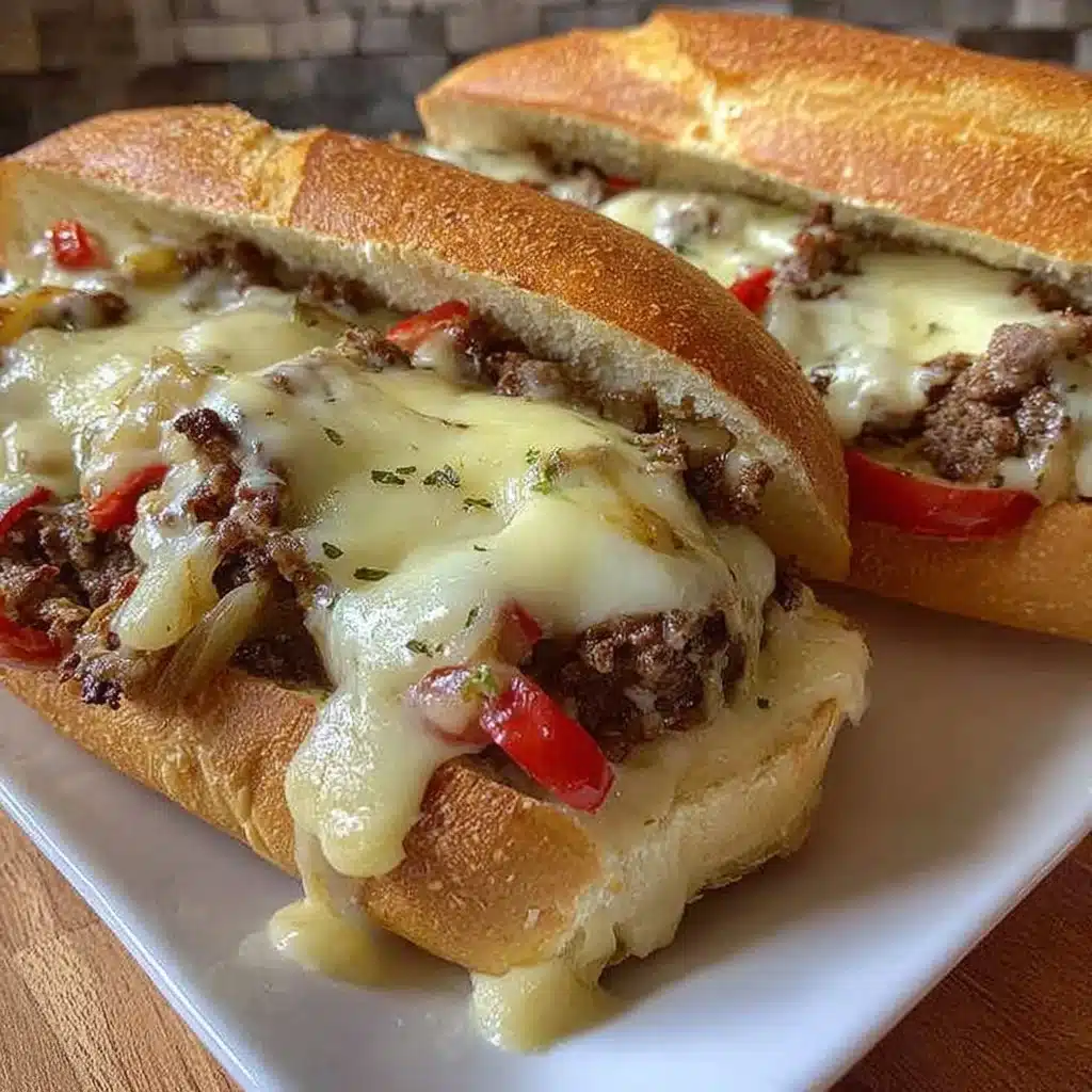 Delicious Ground Beef Philly Cheesesteaks served on a toasted roll with cheese and toppings.