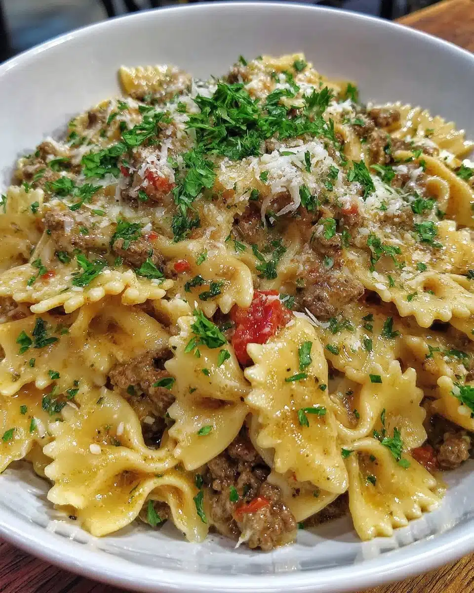 Ground Beef Stroganoff served with egg noodles in a creamy sauce