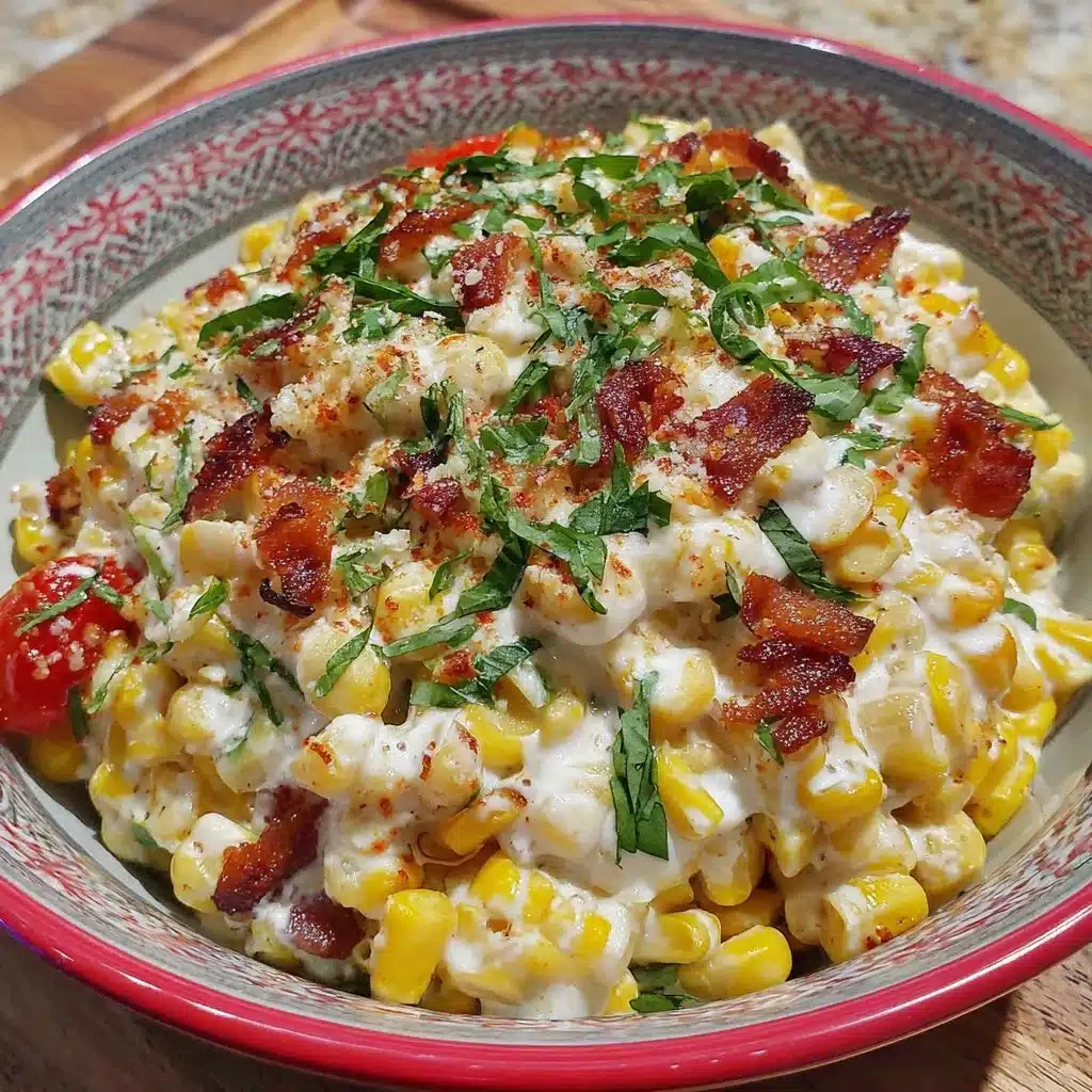 Healthy Street Corn Salad with Greek Yogurt in a bowl, garnished with fresh herbs.