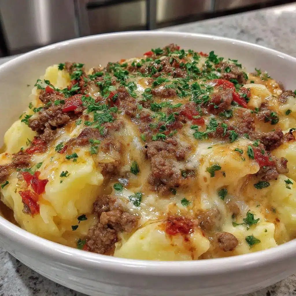 Hearty dish of ground beef and potatoes served in a rustic bowl.