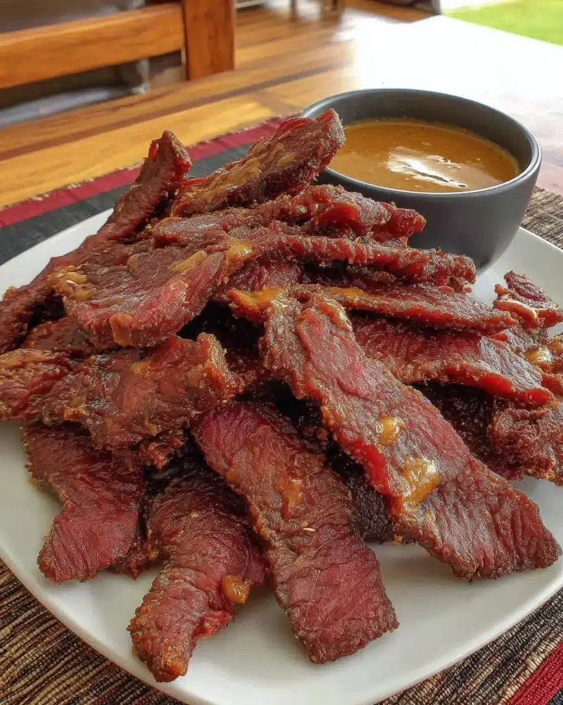 Homemade beef jerky prepared in an air fryer, showcasing juicy and flavorful strips.