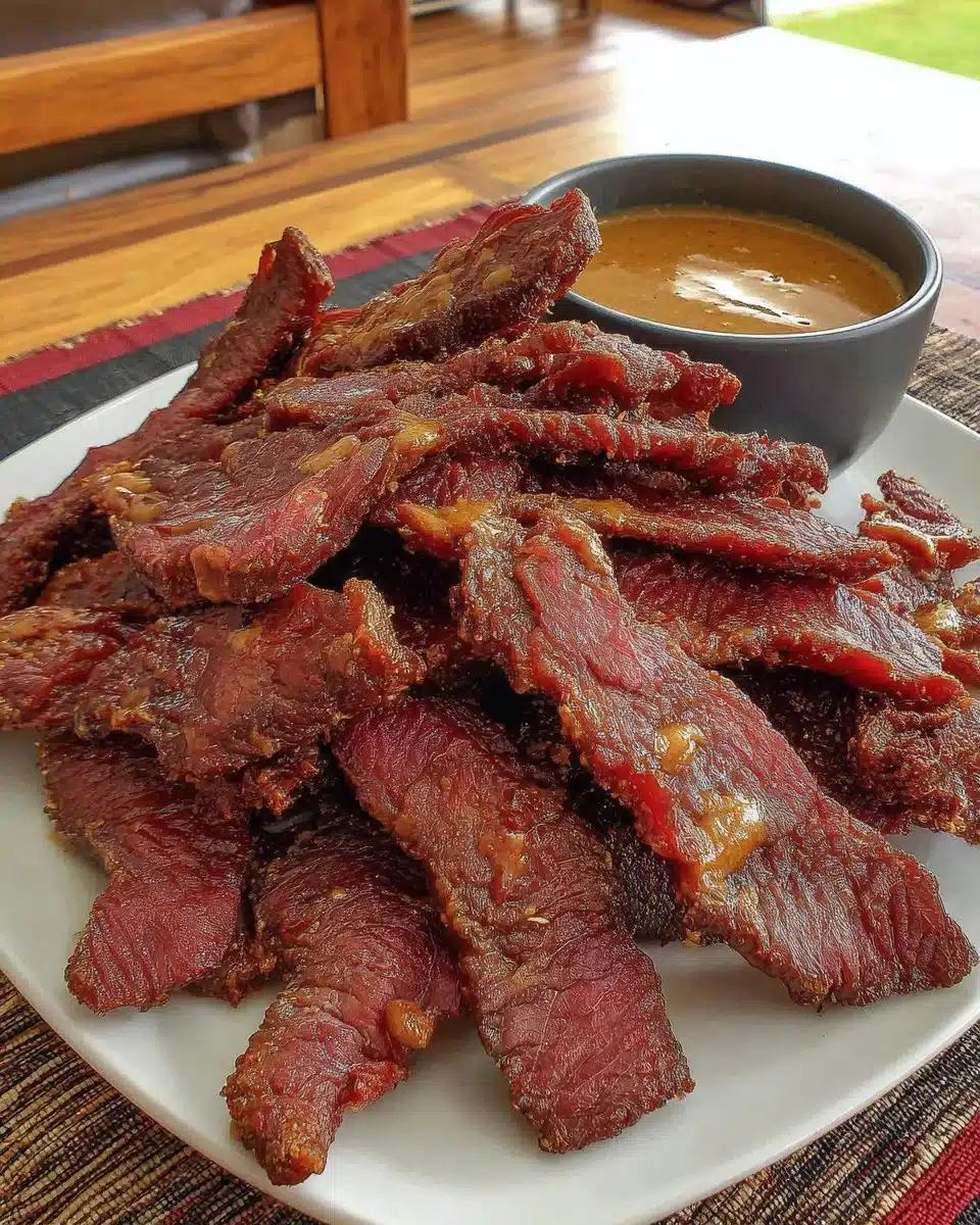 Homemade beef jerky prepared in an air fryer, showcasing juicy and flavorful strips.