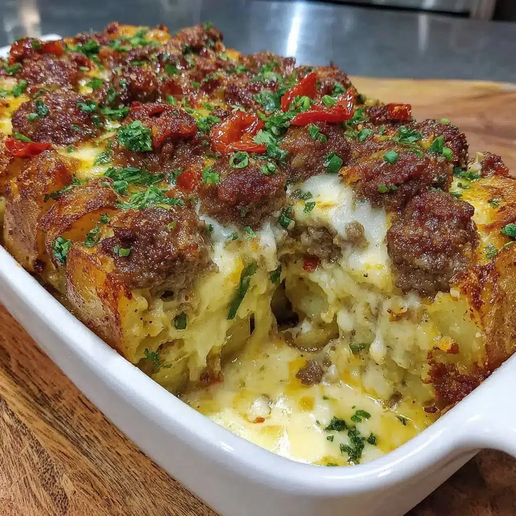 Homestyle cheesy hamburger potato bake served in a casserole dish