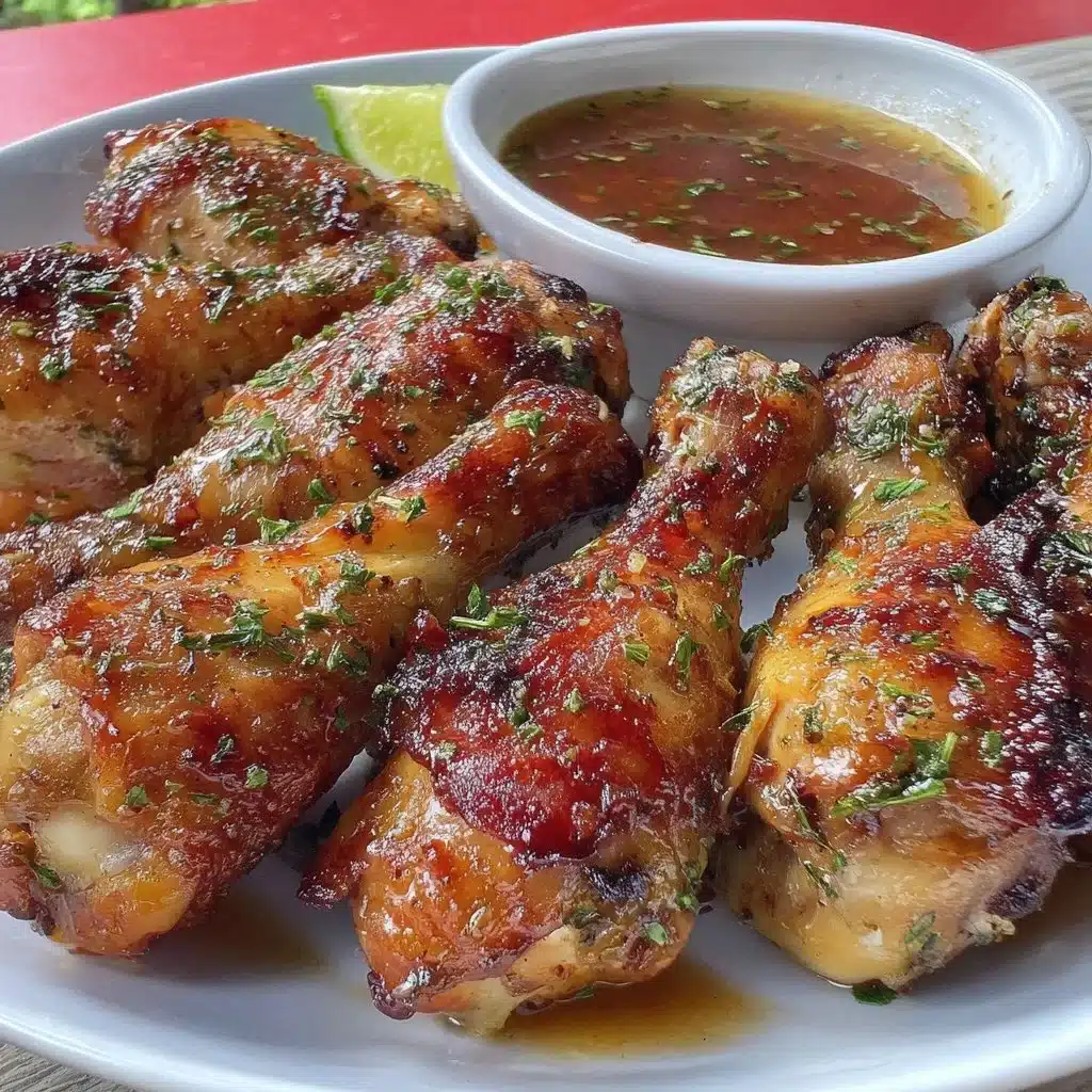 Honey Soy Chicken Drumsticks cooked in an air fryer, garnished with herbs.