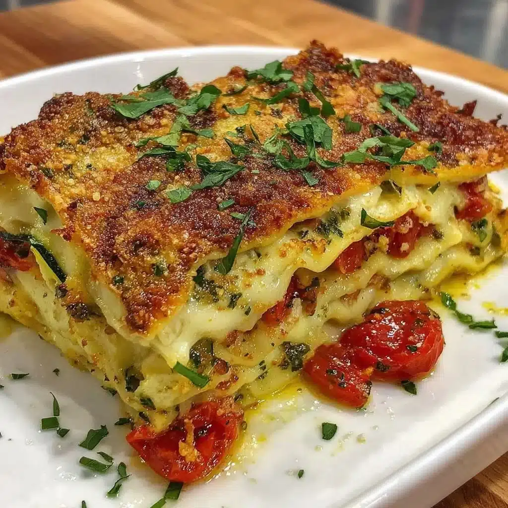 A serving of Ina Garten's roasted vegetable lasagna, layered with fresh veggies and cheese.