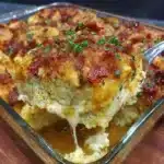 Deliciously cheesy Crack Chicken Casserole topped with crispy bacon and herbs