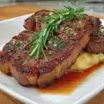 Juicy air fryer ribeye steak served with herbs and spices