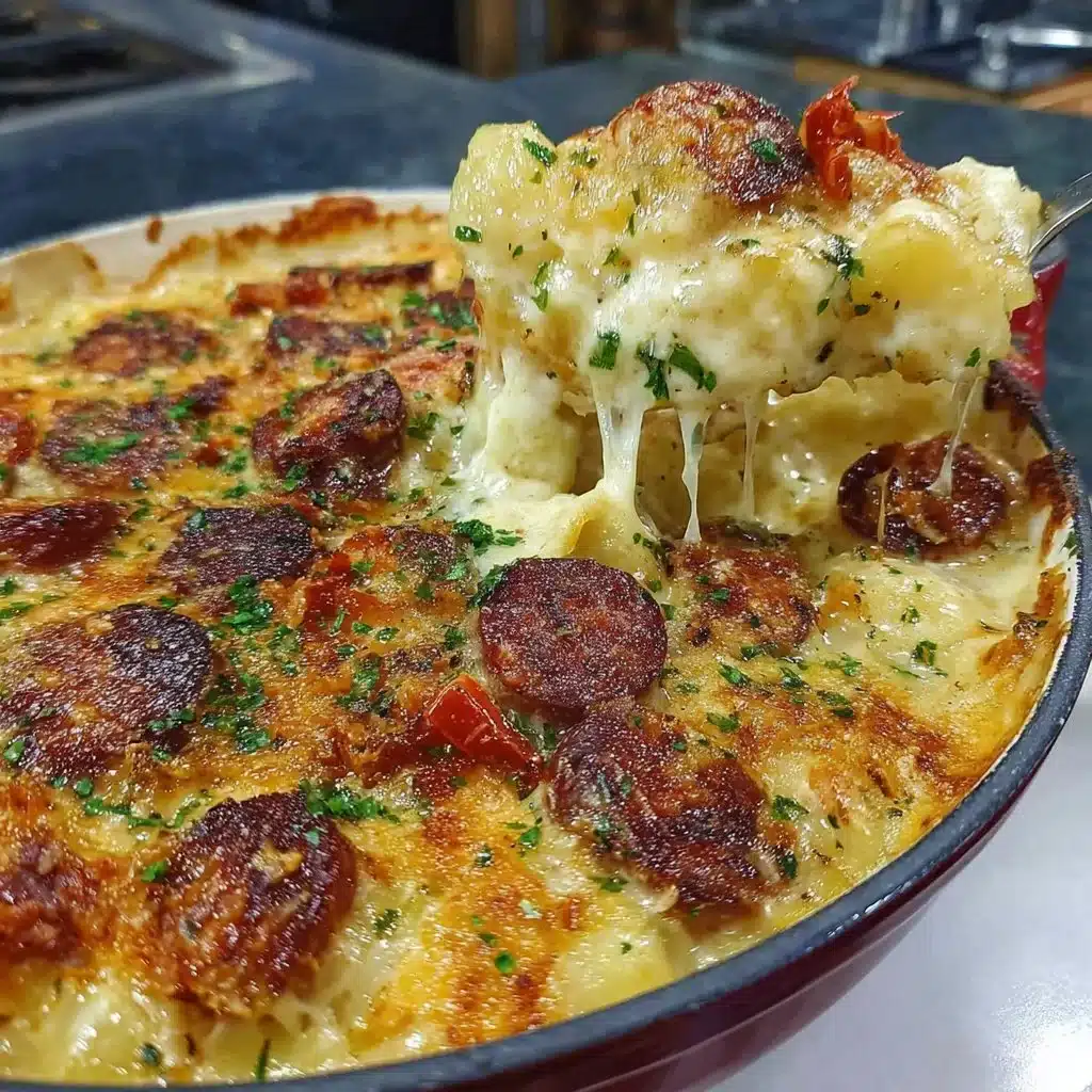 Kielbasa sausage cheesy potato casserole fresh out of the oven