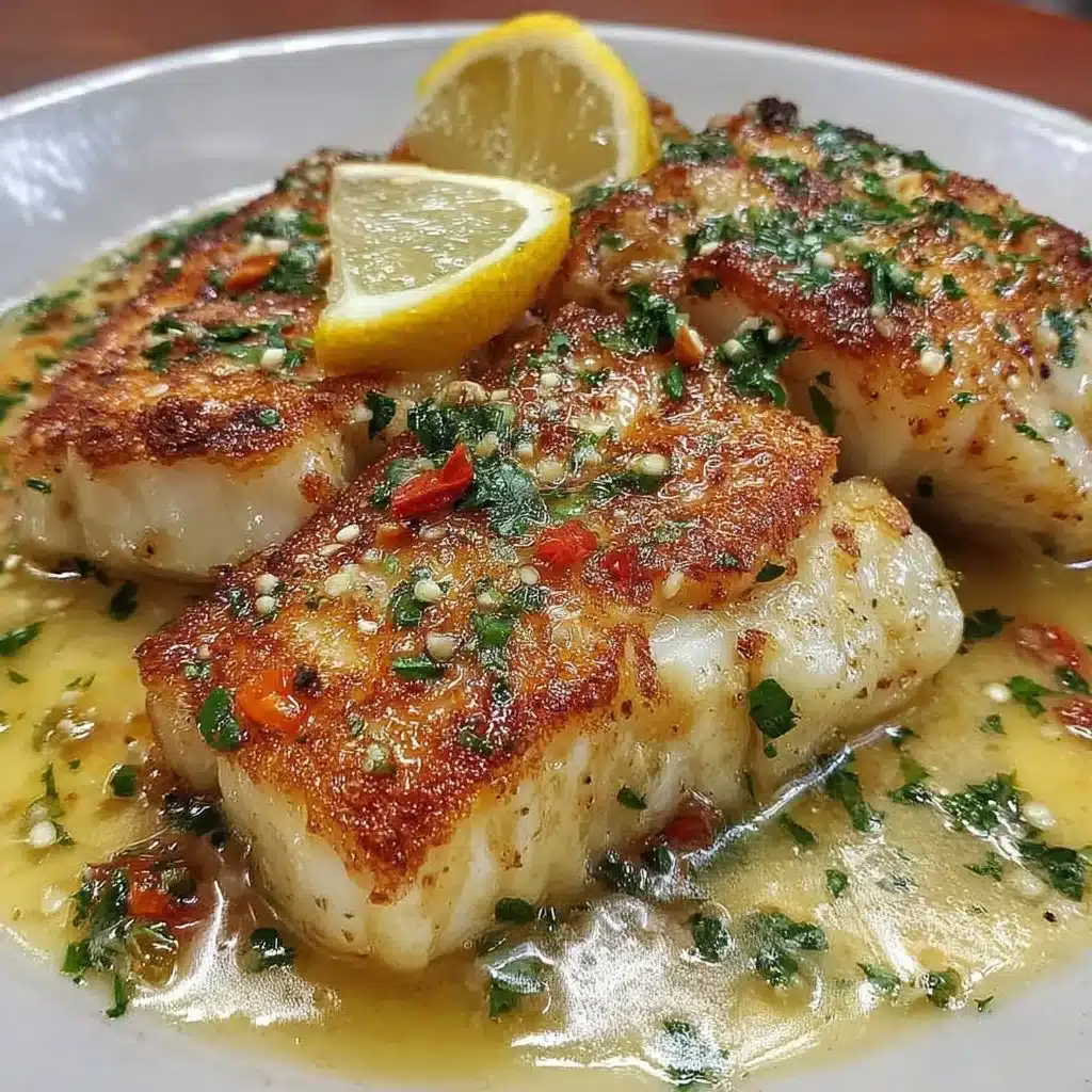 Delicious Lemon Butter Fish Fillet served with fresh herbs and lemon slices