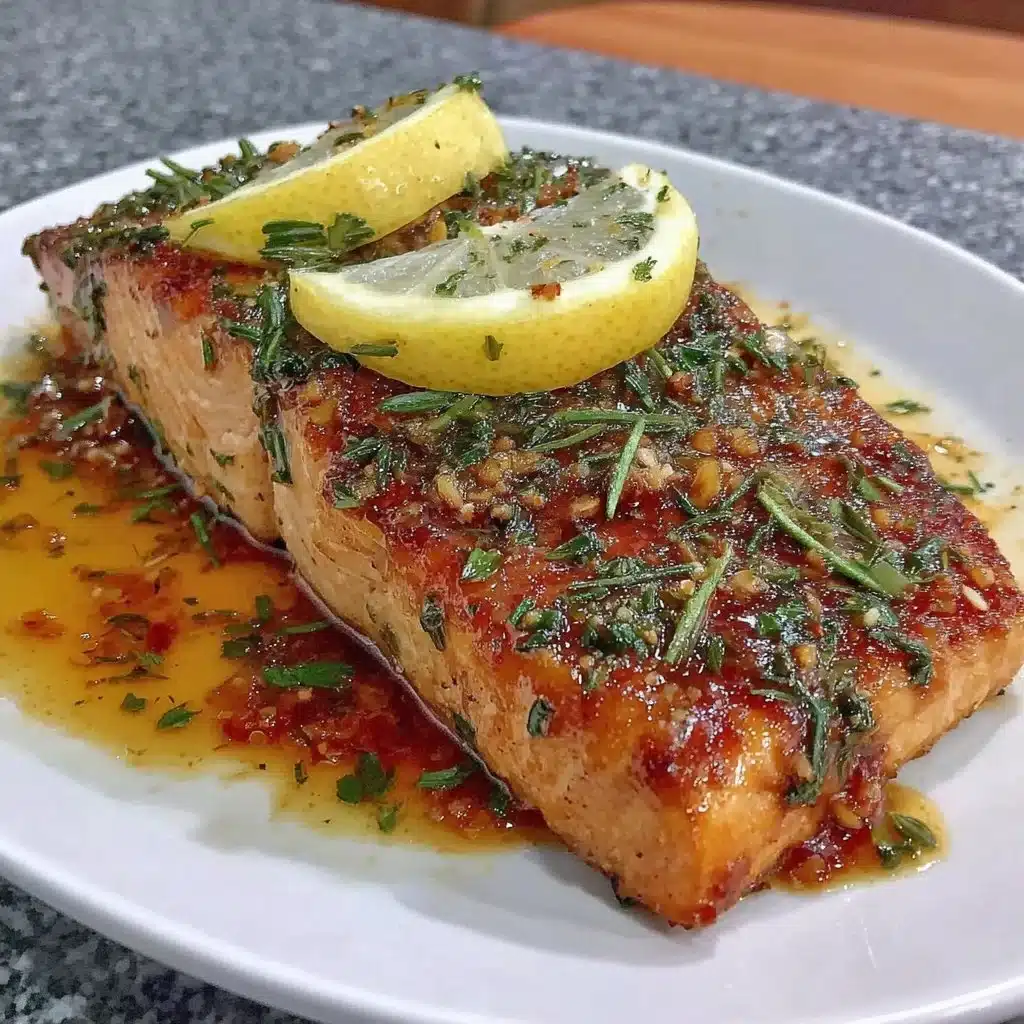 Delicious Lemon-Garlic Air Fryer Salmon served on a plate with fresh herbs.