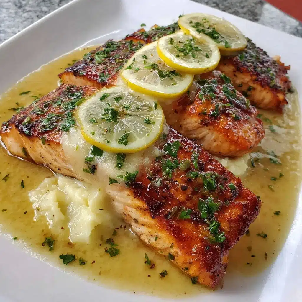 Plate of Lemon Garlic Salmon garnished with lemon slices and herbs