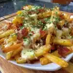 Delicious loaded french fries made in an air fryer, topped with cheese and toppings.