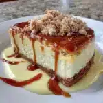 Delicious slice of Lotus Biscoff Cheesecake topped with crumbs and caramel drizzle
