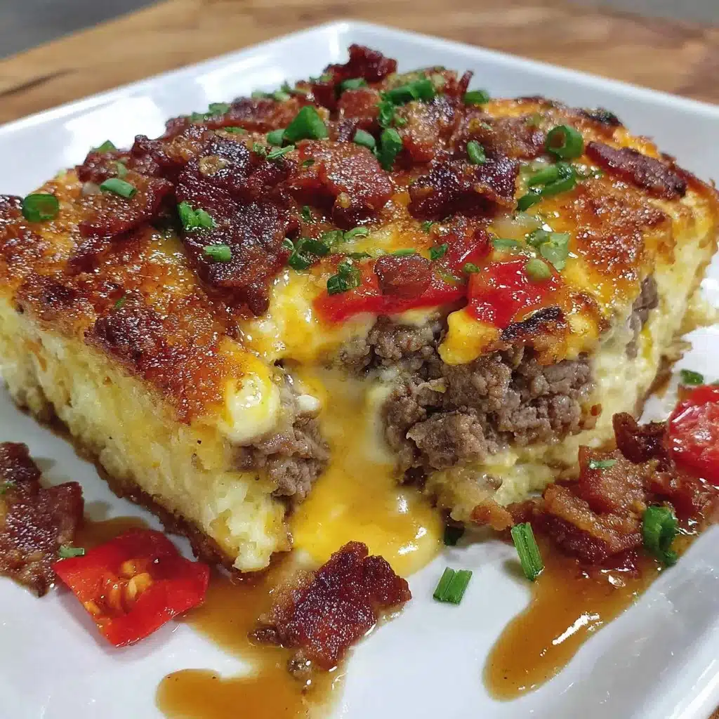 Low-carb bacon cheeseburger casserole topped with cheese and bacon.