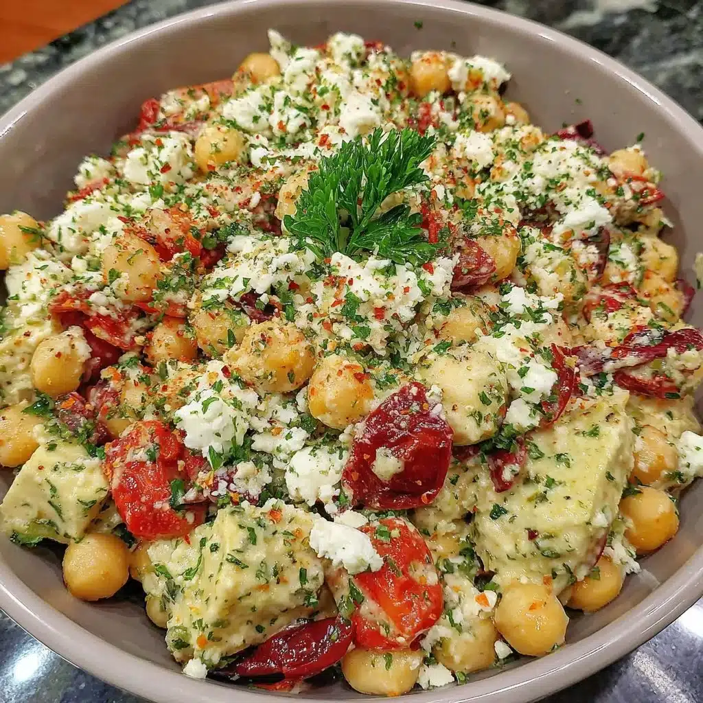 Mediterranean Chickpea Feta Salad with colorful vegetables and feta cheese