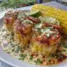 Delicious Mexican street corn with shrimp and creamy feta cheese sauce