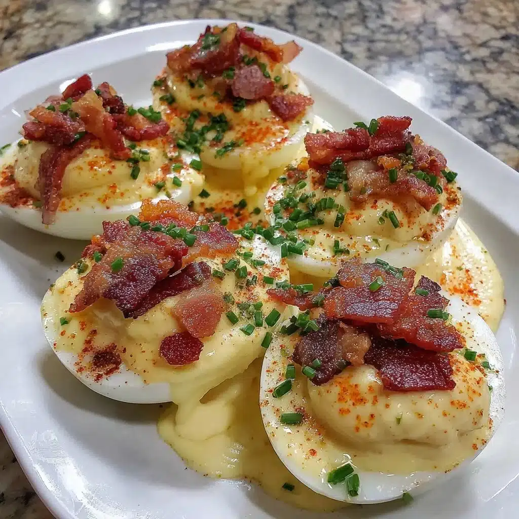 Plate of Million Dollar Bacon Deviled Eggs garnished with crispy bacon bits.