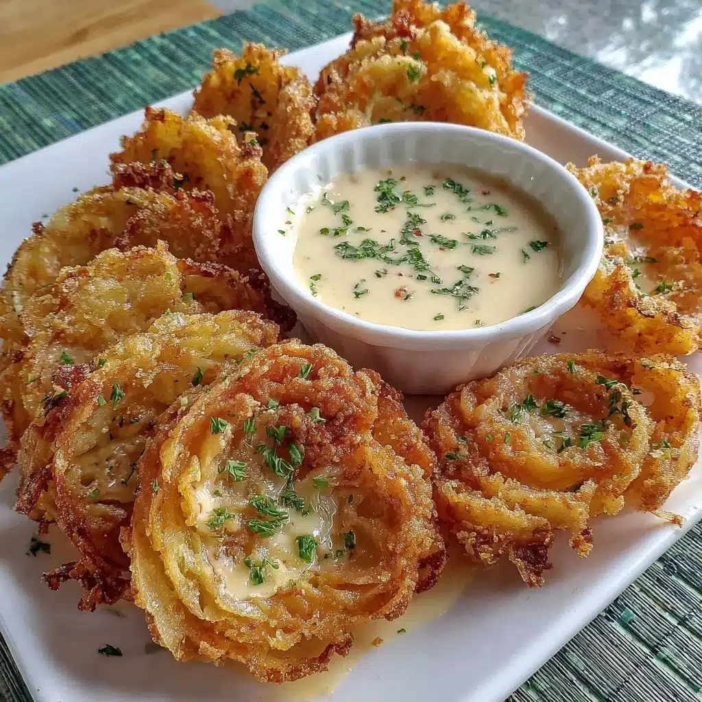 Mini air fryer blooming onions served on a plate with dipping sauce.