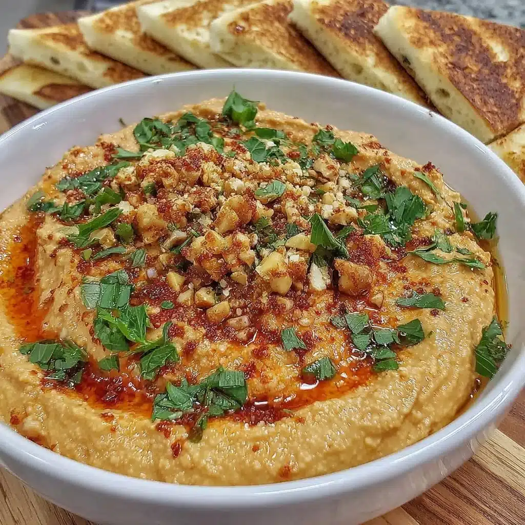 Bowl of muhammara, a Syrian dip made with roasted red peppers and walnuts