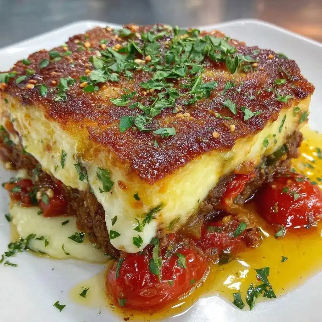 Servings of vibrant Greek moussaka, featuring layers of eggplant and meat sauce.
