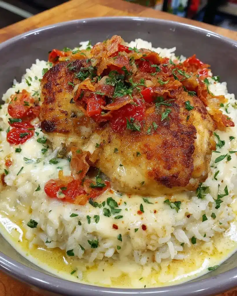 Oven-baked chicken served with rice on a plate, garnished with herbs.