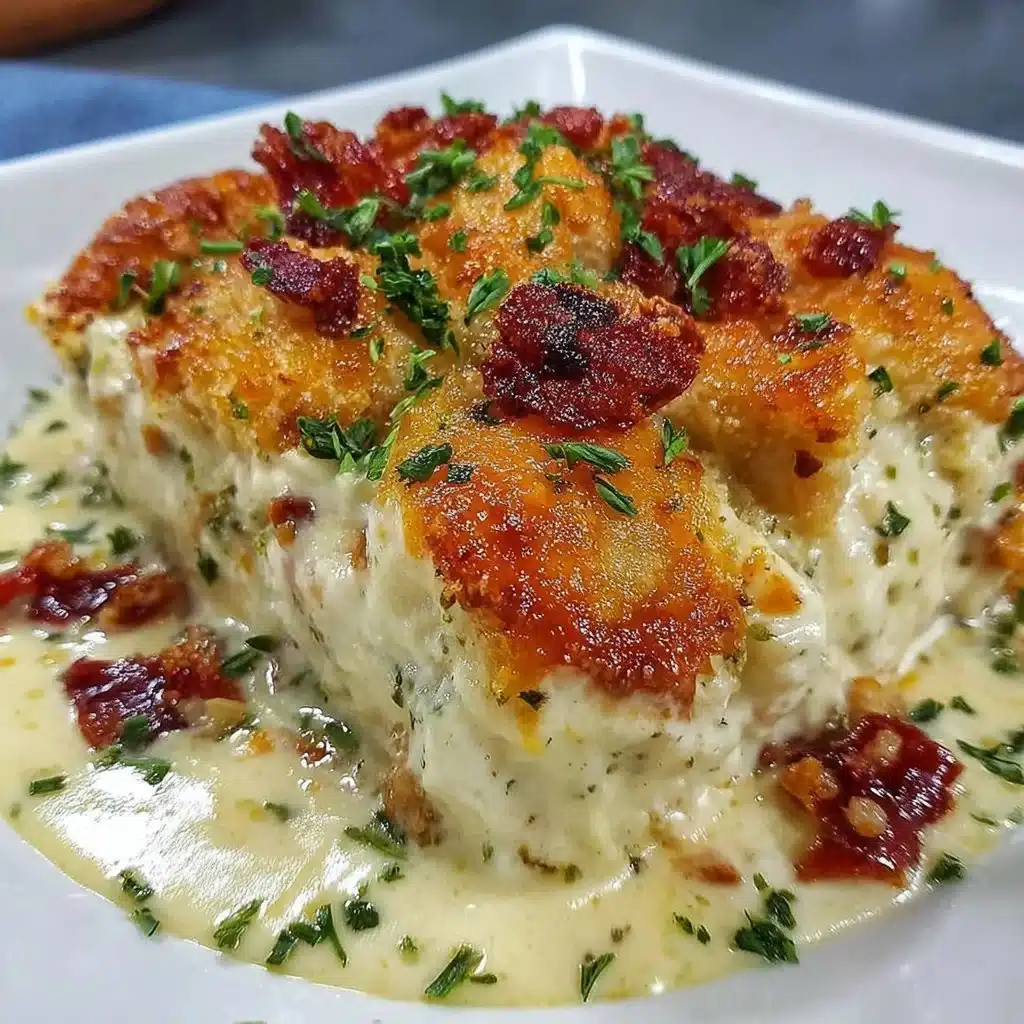 Delicious chicken casserole dish by Paula Deen, served in a rustic setting.