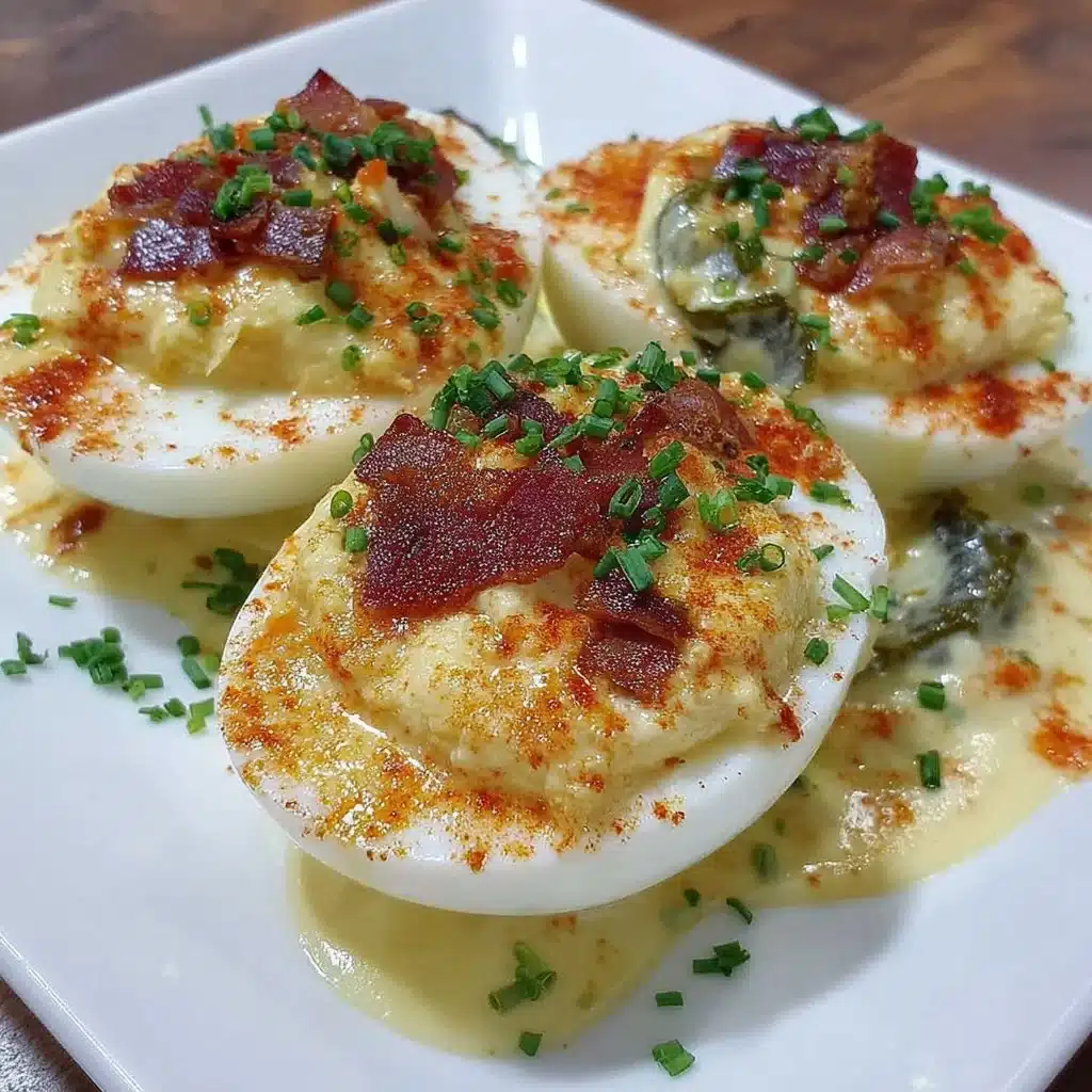 Plate of Pickle Lover Deviled Eggs with pickles and seasoning