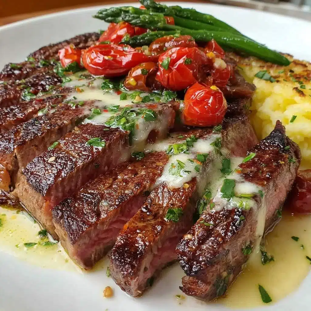 Juicy ribeye steak grilled to perfection, seasoned and garnished.