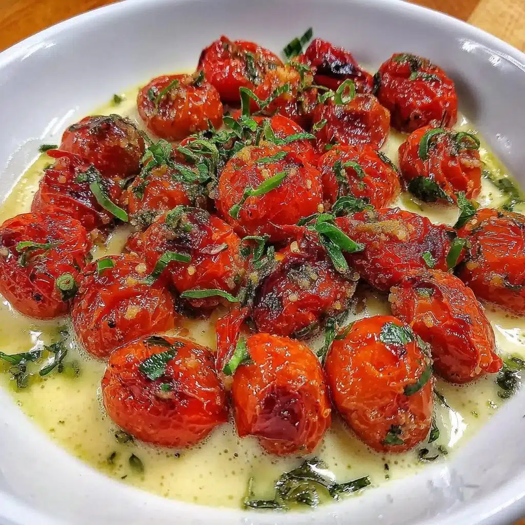 Bowl of roasted cherry tomatoes garnished with herbs