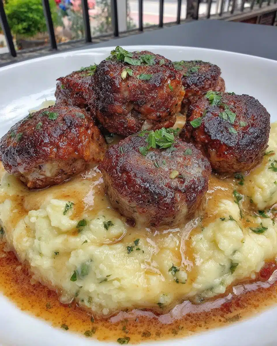Salisbury steak meatballs served with garlic herb mashed potatoes
