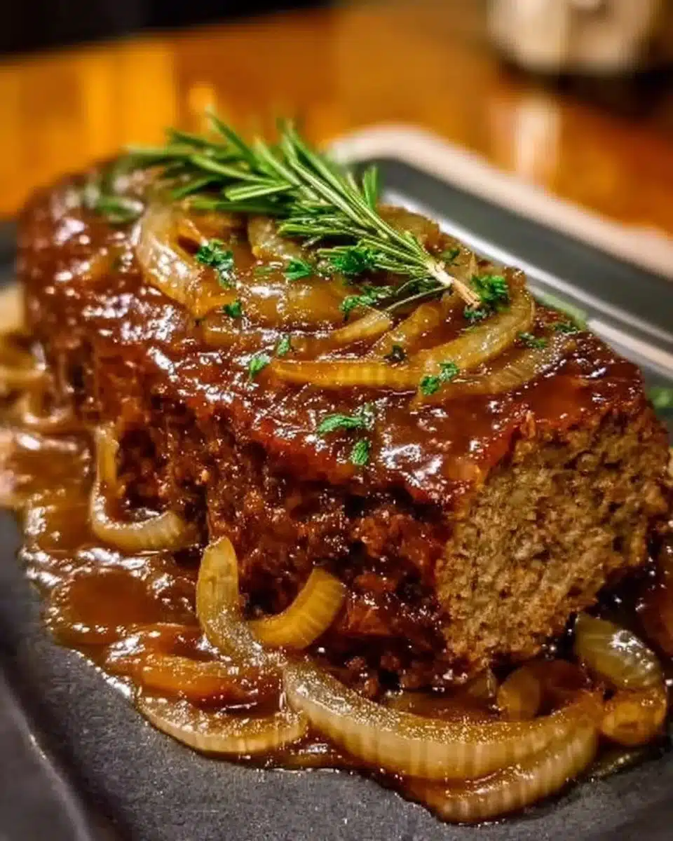 Savory meatloaf served with caramelized onion gravy on a plate