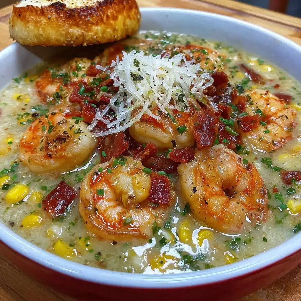 Creamy shrimp and corn chowder served in a bowl, garnished with herbs