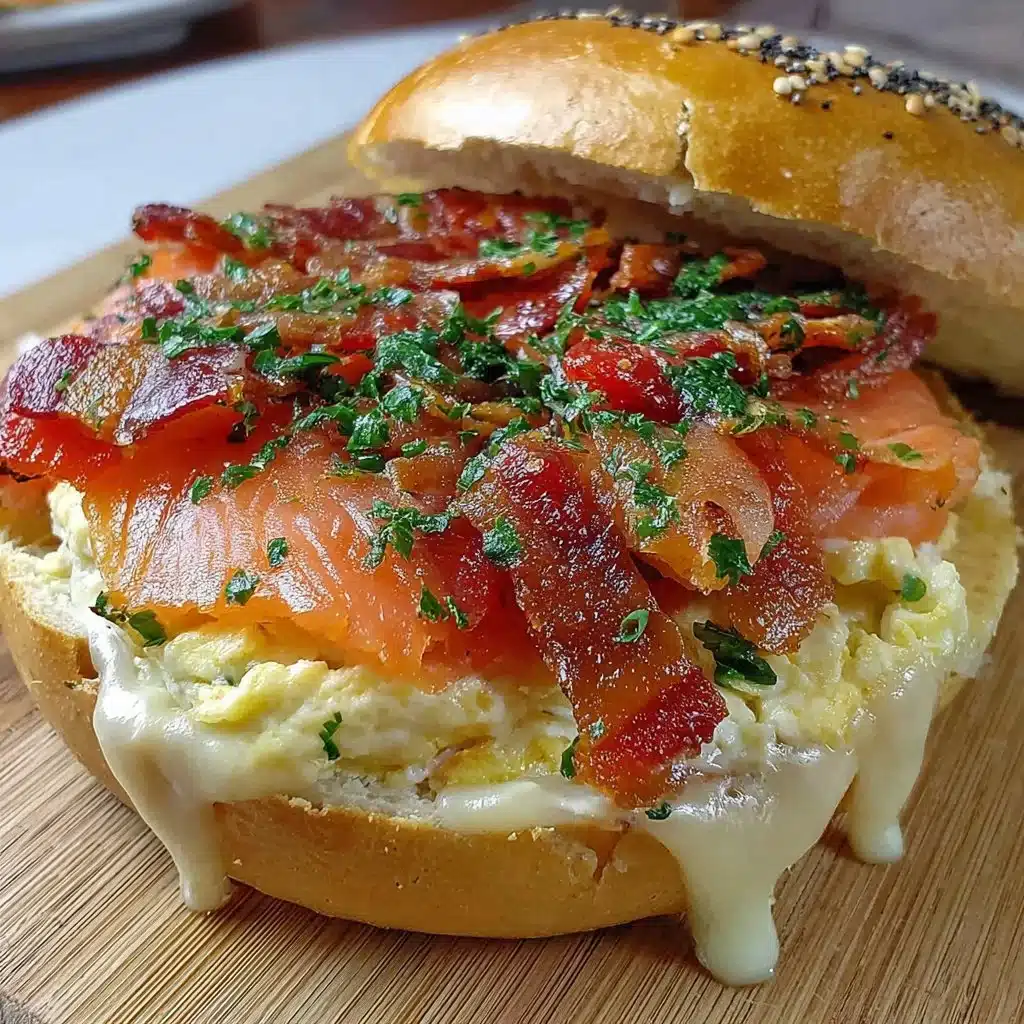 Delicious smoked salmon bagel topped with cream cheese and vegetables.