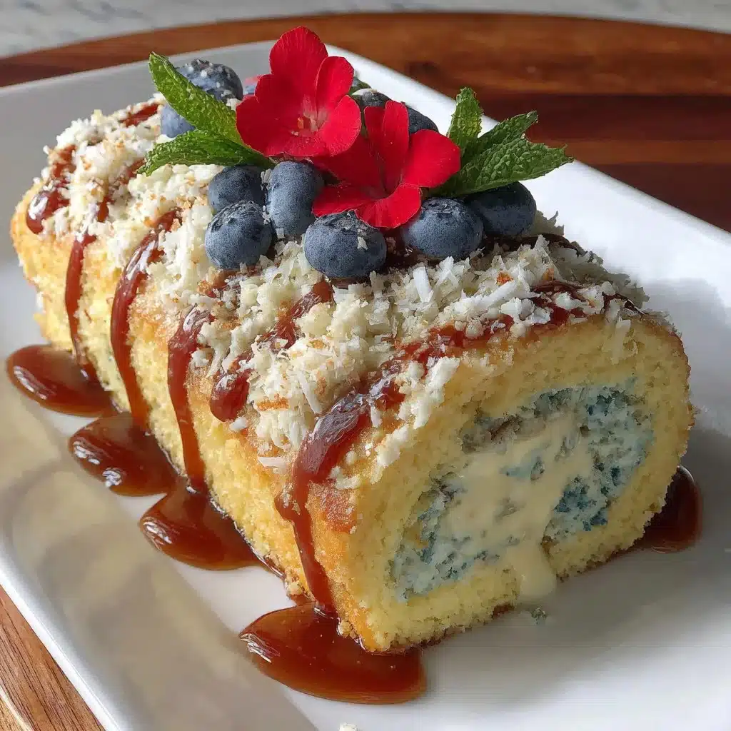 Stitch-inspired tropical blue cake roll decorated with vibrant colors and designs