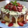 Delicious homemade strawberry cake with fresh strawberries and whipped cream