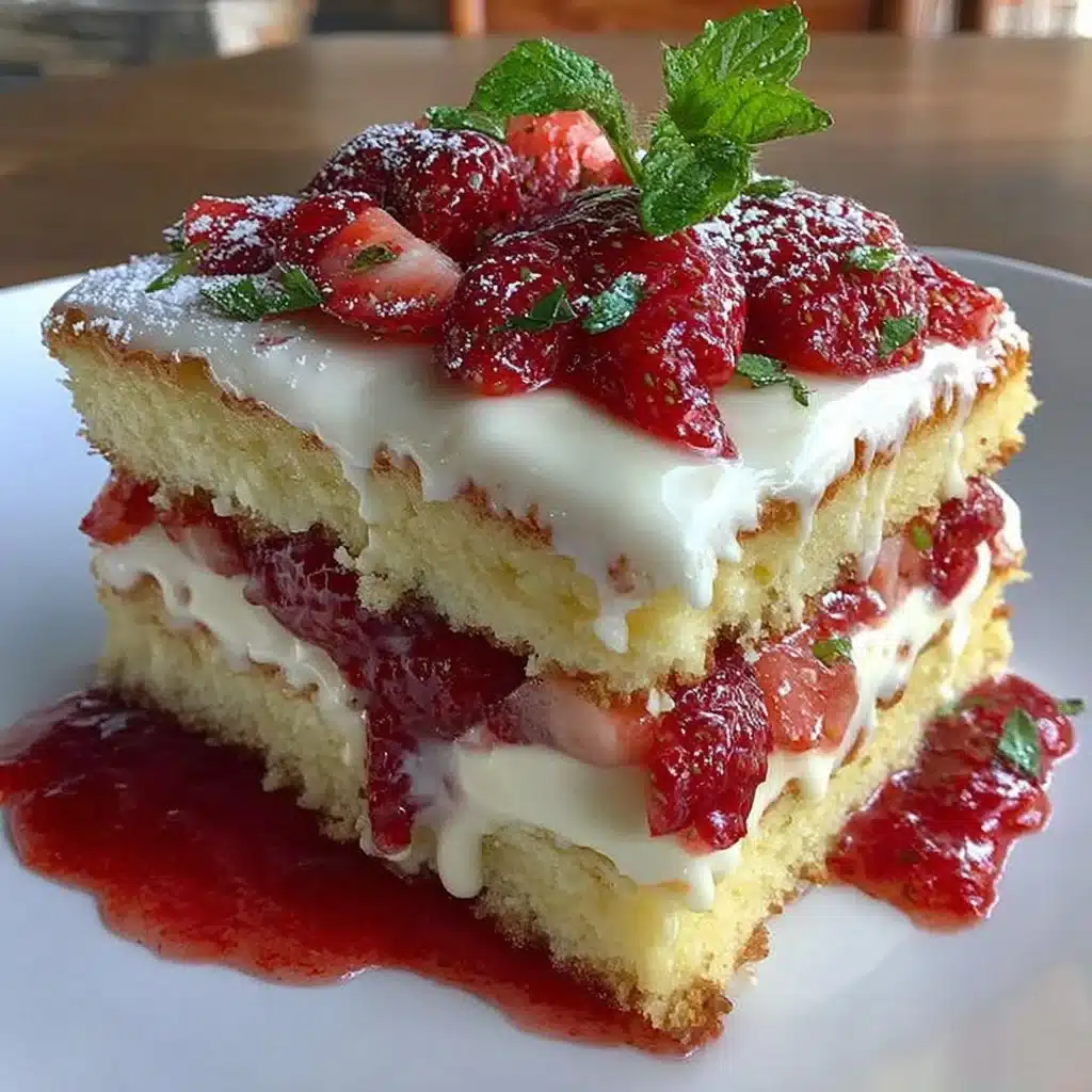Strawberry Shortcake Layer Cake topped with fresh strawberries and whipped cream