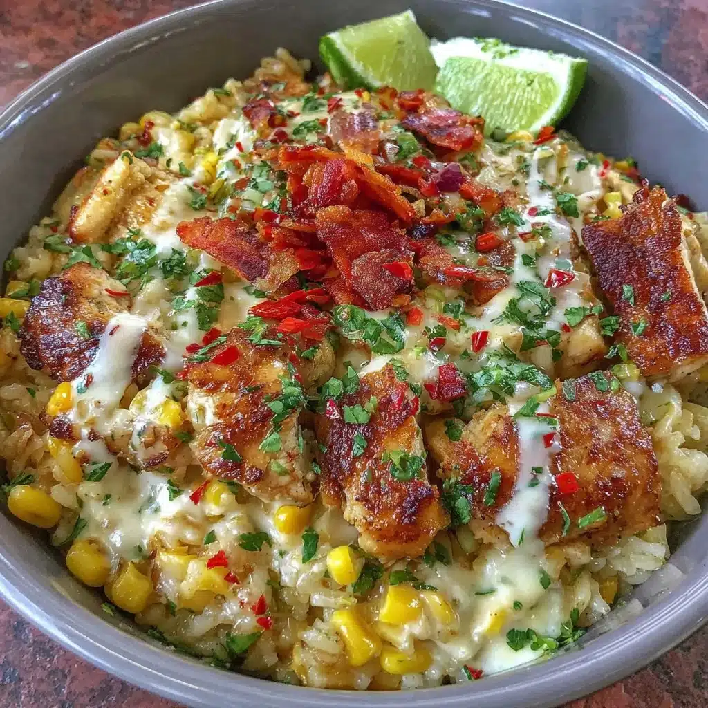 Street corn chicken rice bowl featuring grilled chicken and fresh ingredients.