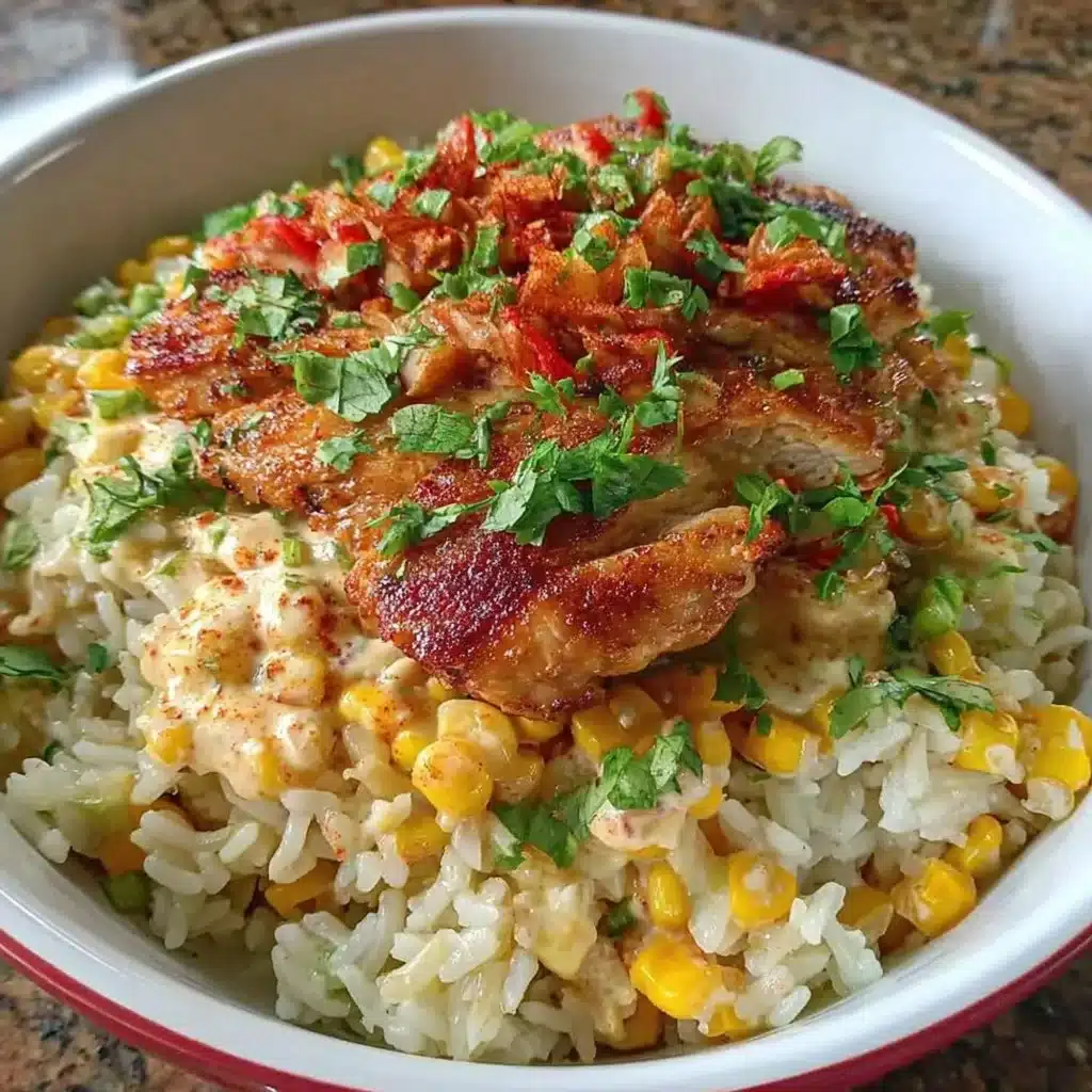 Delicious Street Corn Chicken Rice Bowls topped with fresh ingredients and spices
