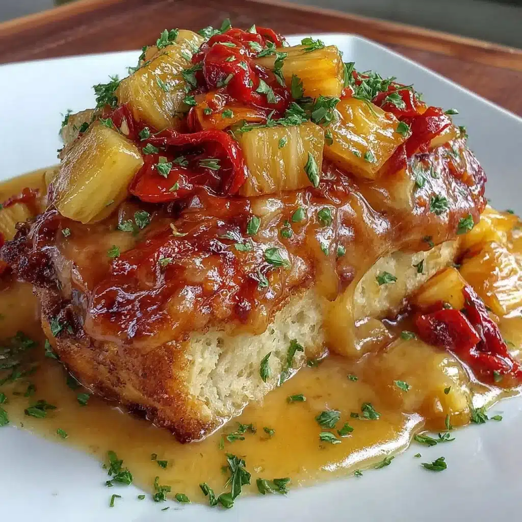 Sweet Hawaiian crockpot chicken dish served with pineapple and rice