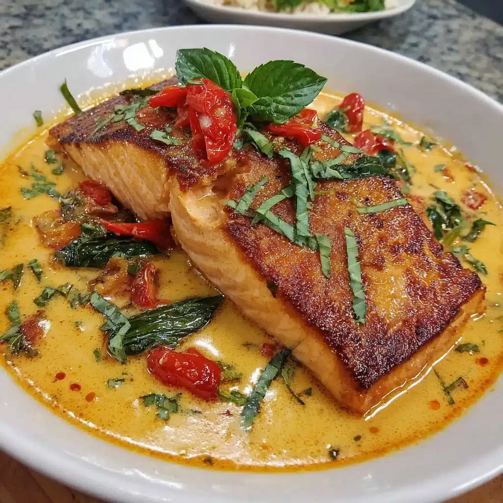 Thai Red Curry with Salmon served in a bowl, garnished with herbs