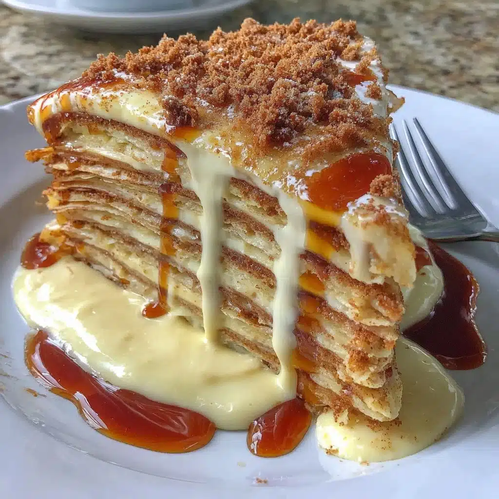 Layered Vanilla & Speculoos Crêpe Cake topped with creamy frosting and cookie crumbles.