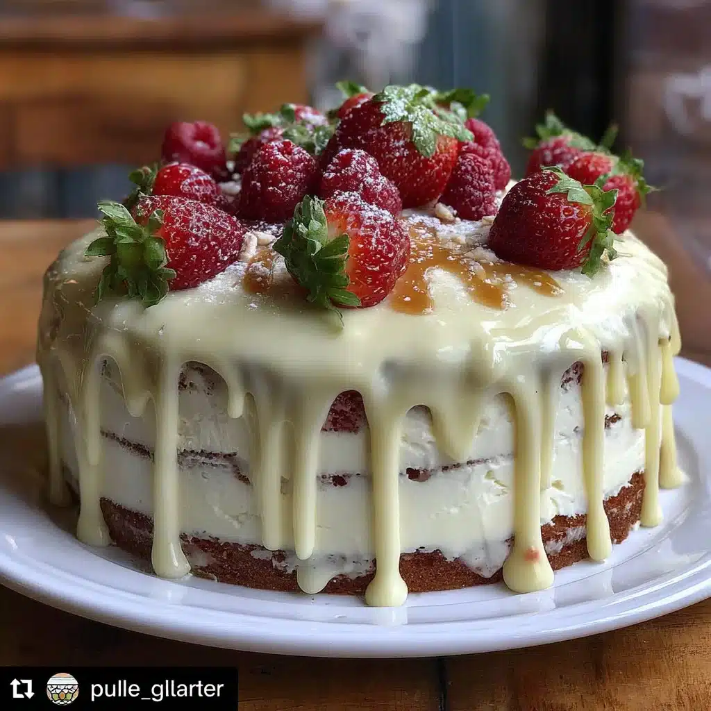 Beautiful vintage birthday cake featuring strawberries and a girly design.