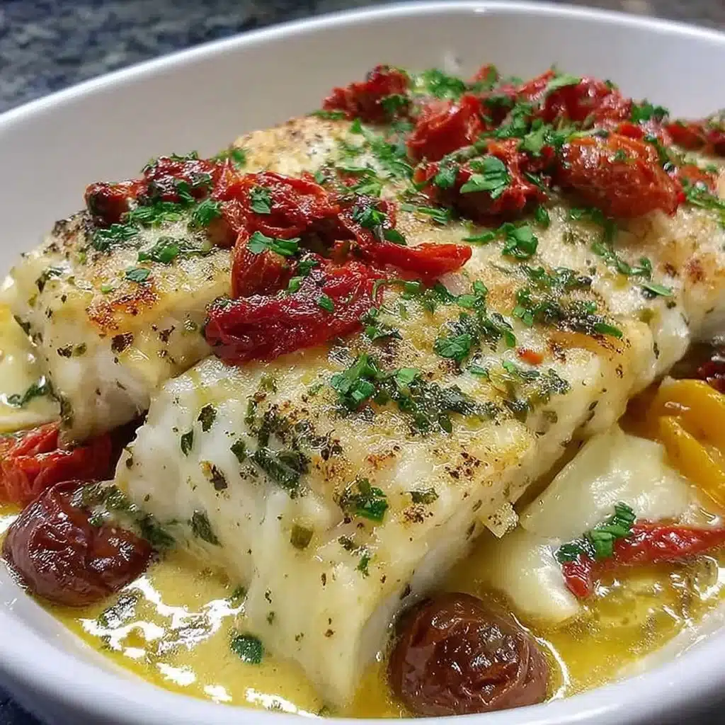 Delicious White Fish Puttanesca served with tomatoes, olives, and capers.