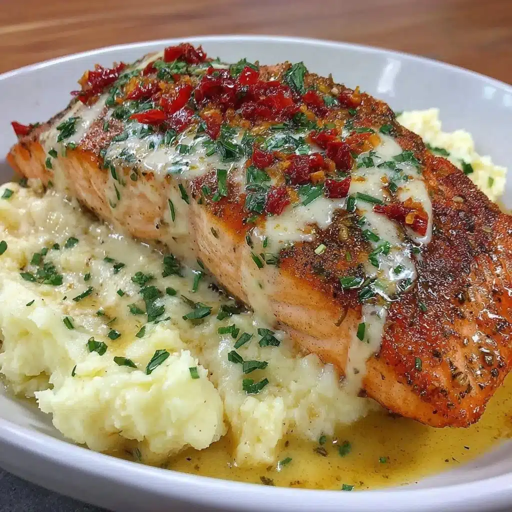 Za'atar Garlic Salmon on a plate garnished with herbs and lemon