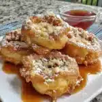 Crispy air fryer apple fritters topped with glaze and cinnamon