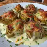 Air fryer artichoke hearts served on a plate with dipping sauce