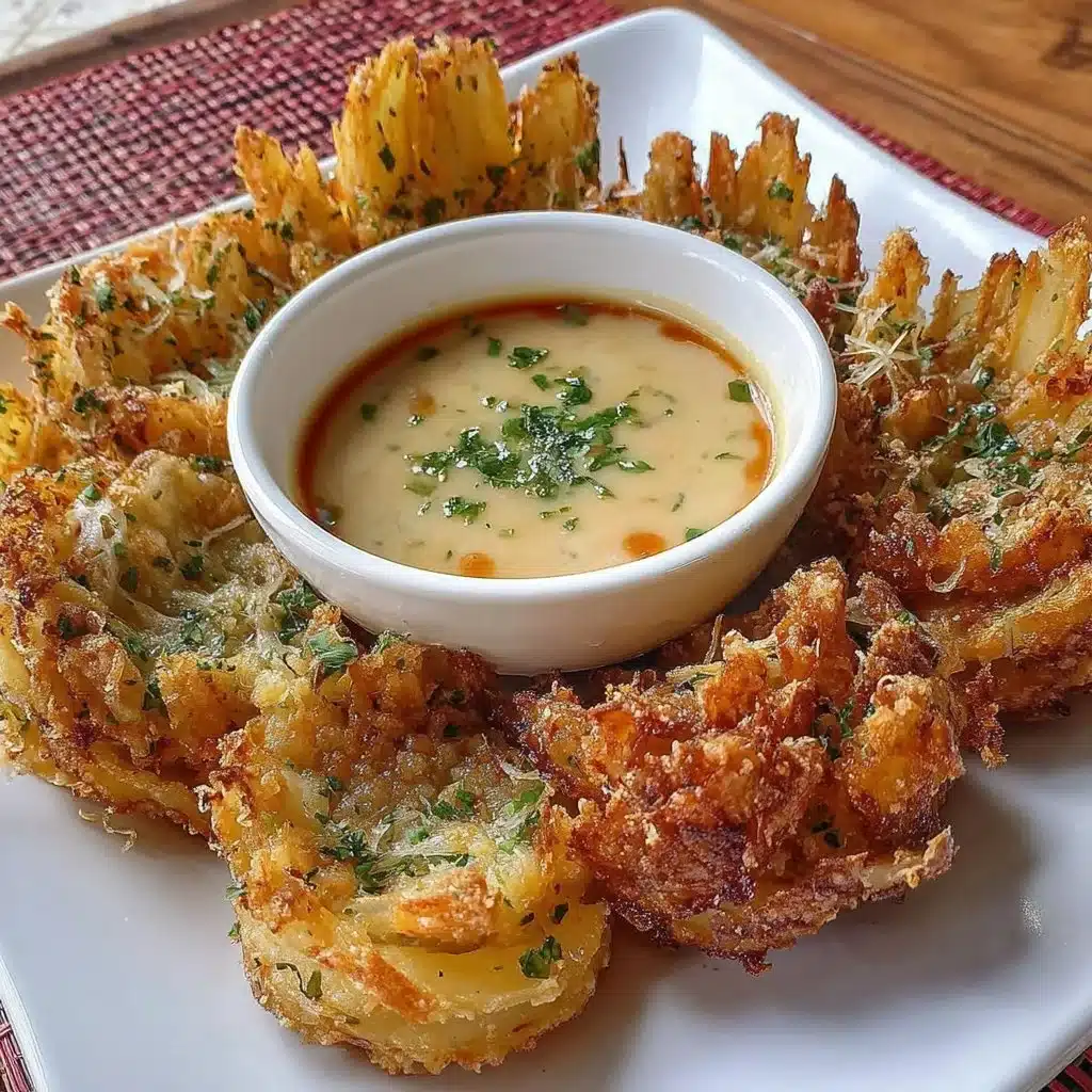 Crispy air fryer blooming onion served with dipping sauce