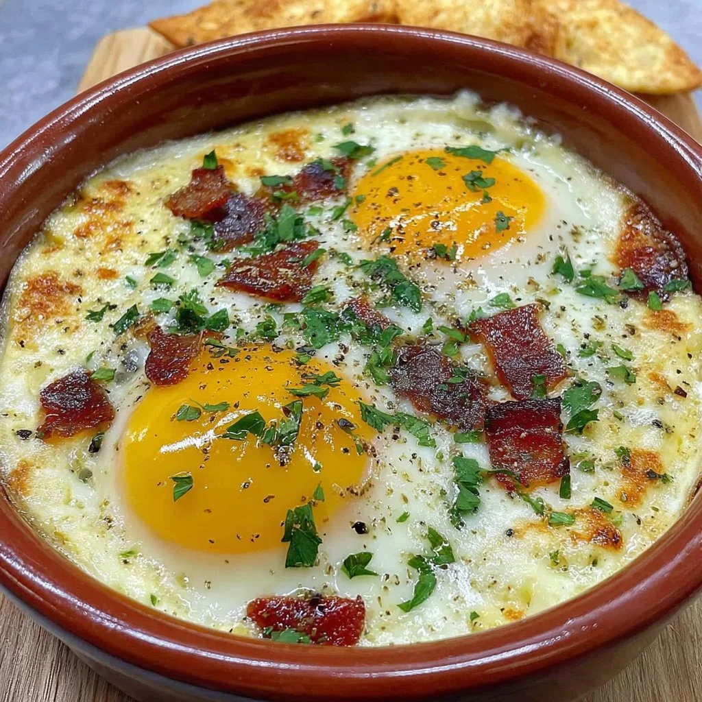 Air fryer breakfast tortilla baked eggs served in a colorful dish
