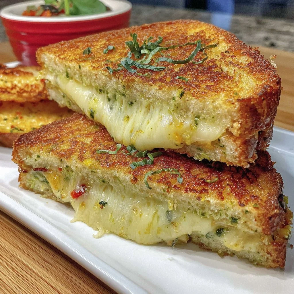 Delicious air fryer pesto grilled cheese sandwich with melted cheese and fresh pesto